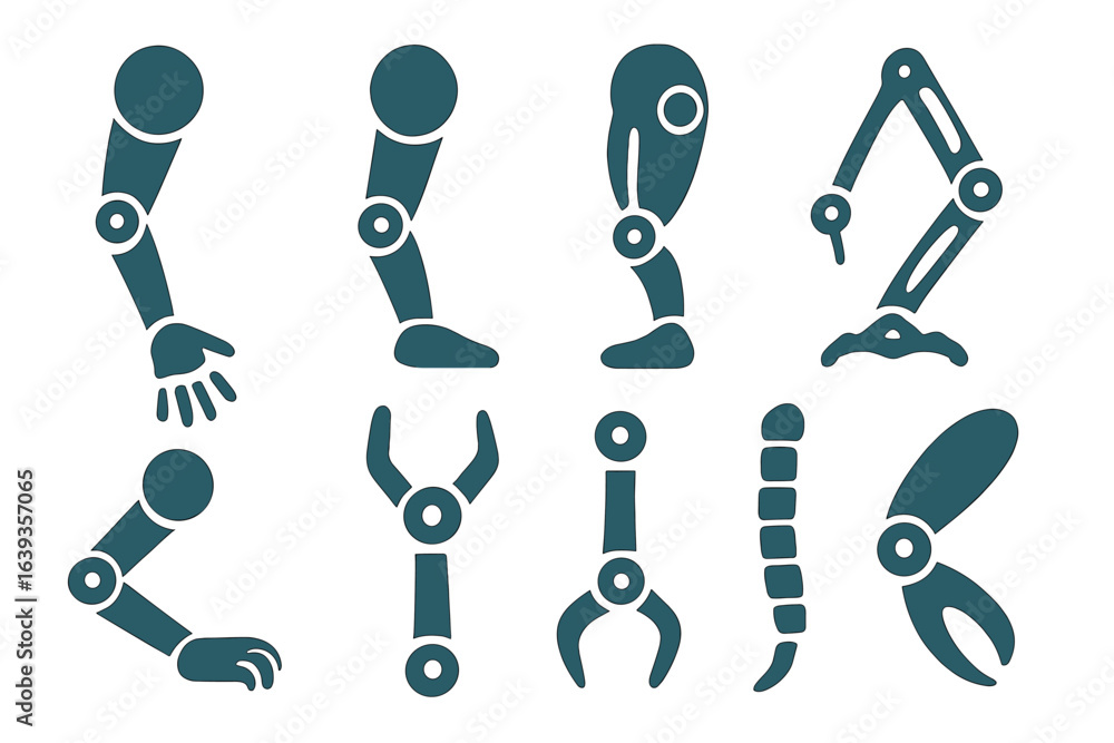 Poster showcasing various robotic arm designs for engineering applications and automation tasks