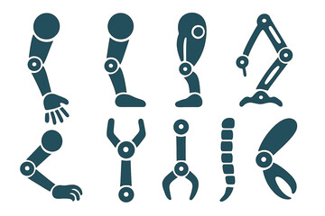 Various robotic arm designs showcasing different movements and functions in a futuristic setting