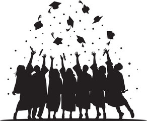 Silhouette of graduating class throwing caps in the air