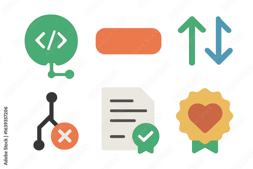 Poster abstract icons representing technology, metrics, and validation processes in a digital environment