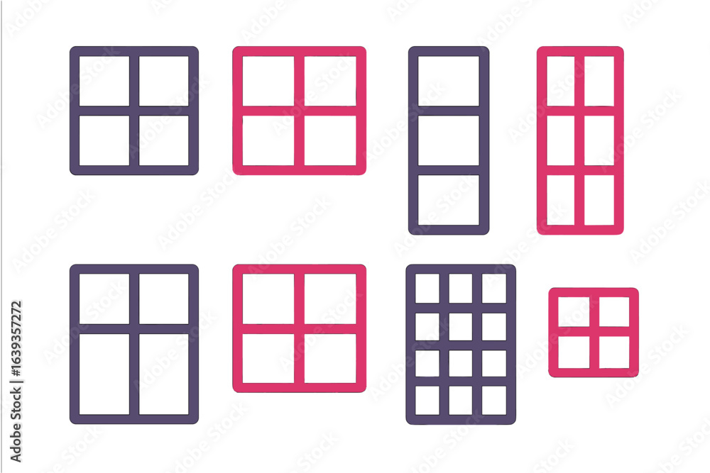 Poster colorful geometric window designs arranged in a grid pattern on a clean background for modern art co