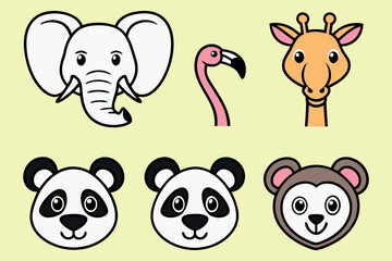 Collection of cute cartoon animal faces isolated on white background
