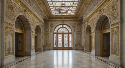 Obraz premium Ornate Hallway with Stained Glass Ceiling