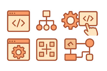 Visual representation of user interface design elements including flowcharts and coding symbols in a modern style