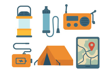 Outdoor camping gear including lantern, water filter, radio, tent, and navigation device on a minimalist background