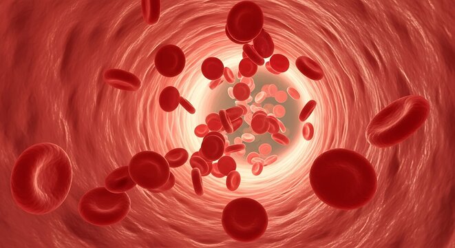 Illustration of red blood cells flowing through a blood vessel, representing human circulation and health