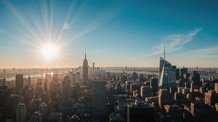 Early morning sun rays shining over urban buildings with lens flare effect