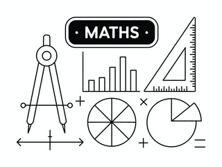 Mathematics Illustration Vector, Black and White Line Art of Geometry Tools, Data Charts, and Educational Concepts