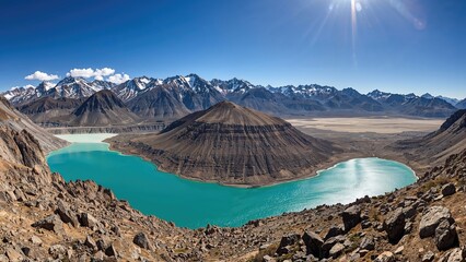 Broad perspective of a renowned glacier lake at great elevation, showcasing bright blue waters amid arid rocky hills and mountainous surroundings.