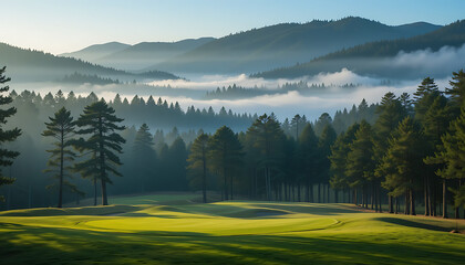 Misty Mountain Meadow: Sunrise Landscape Photography "Golf"