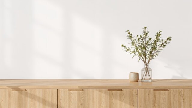 Cozy and minimal kitchen counter mockup with a light wood finish and warm white background, enhanced by a vase with a plant, ideal for product display or branding