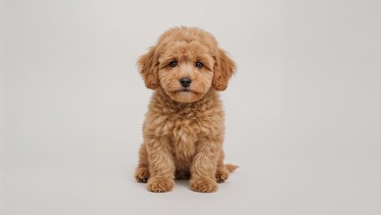 Delightful little apricot poodle model displayed in a studio scene with a neutral background