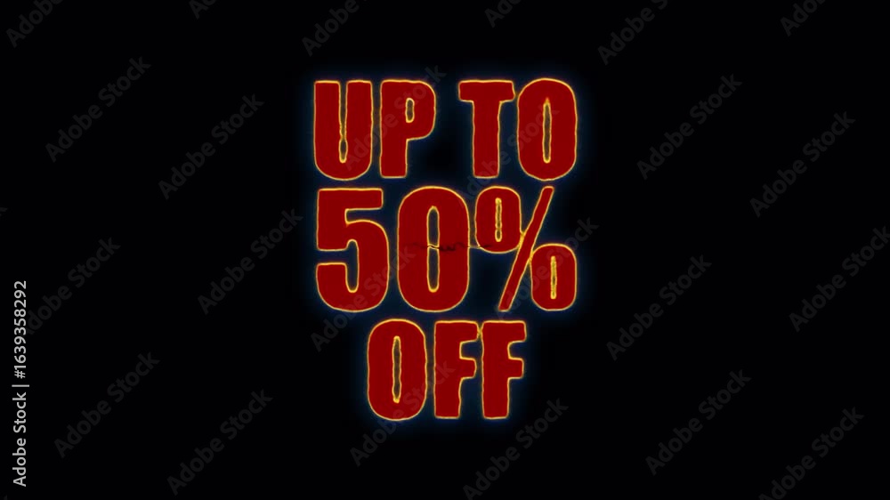 Poster animation up to 50 percent off glow red spark neon lightning text animation on black abstract backgr