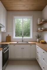Bright and Airy Kitchen with Wood Accents and Forest View Through Window, Showcasing Modern Design and Natural Light
