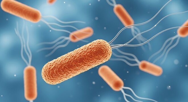 Detailed microscopic view of bacterium with flagella, showcasing its structure and potential pathogenicity