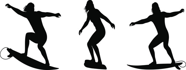 Cad drawing flat vector illustration, surfer silhouette, surfing action pose, water sport artwork, dynamic surfboard design, energetic black and white graphic