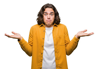Confused young man shrugging with "I don't know" gesture isolated on a transparent background
