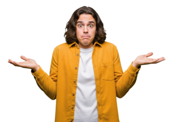 Confused young man shrugging with "I don't know" gesture isolated on a transparent background

