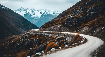 Winding mountain road adventure scenic view majestic snow capped peaks travel journey exploration nature landscape photography breathtaking serene remote wilderness escape outdoor freedom journey
