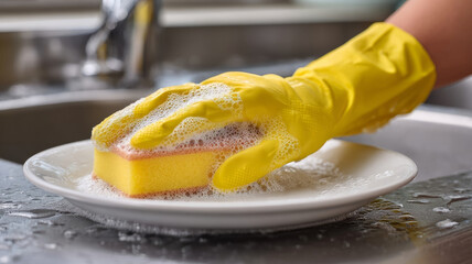Close-up of dishwashing with sponge and yellow glove in kitchen.