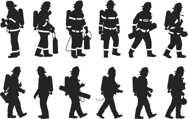 Firefighter silhouettes, emergency responders, fire safety gear, rescue team vector, protective clothing, emergency equipment, cad drawing flat vector illustration