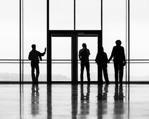 Silhouettes of people standing in hall or gallery in front of wide high window reflection on floor