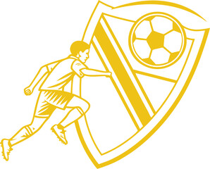 Yellow Soccer Player Running Towards a Team Emblem Shield with Football and Stripe sport  EPS file download