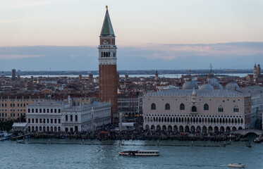 Evening time aerial view of Piazza San Marco or St Mark square, Campanile and  Doge Palace. Venice