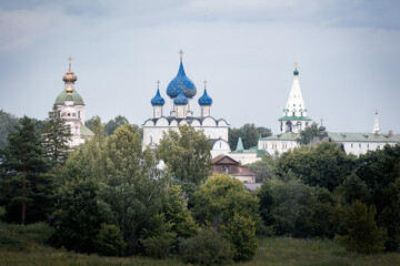 Russian church and bell tower view through blurred high grass and trees on cloudy day, Suzdal, Russia