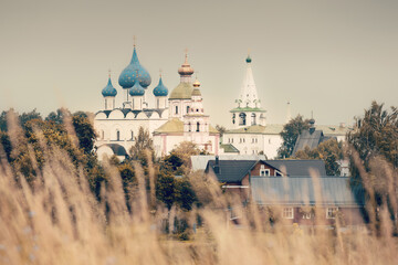 Russian church and bell tower view through blurred high grass and trees on cloudy day, Suzdal, Russia