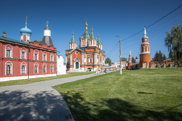 Panoramic cityscape of old Russian town churches and bell tower on sunny summer day, Kolomna, Russia