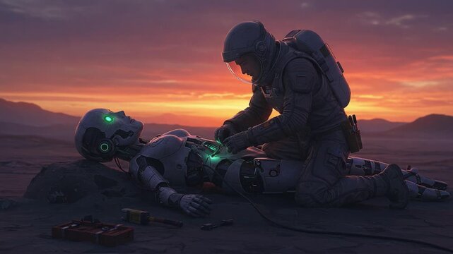 A lone astronaut repairs a damaged robot under a stunning sunset, showcasing the intersection of technology and humanity in a surreal, extraterrestrial landscape.