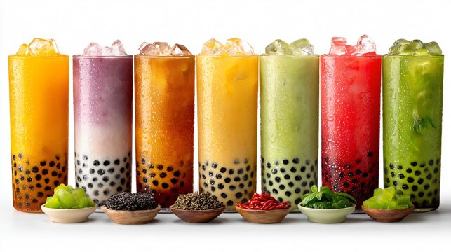 Assorted Tapioka Bubble Tea Flavors in Vibrant Isolation