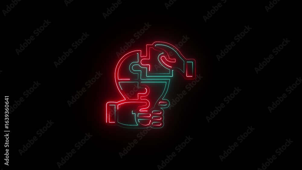 Poster neon puzzle globe in hand symbolizing global unity, collaboration, and problem-solving video on a bl