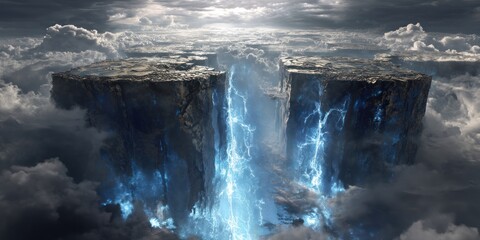 Cracked sky islands releasing glowing streams into the abyss