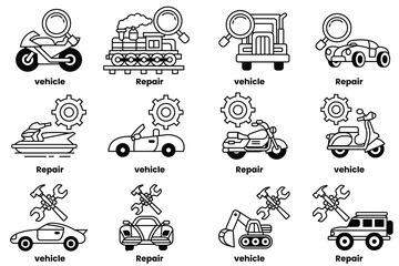 set of illustrations in the concept of vehicles and repairs in line art style