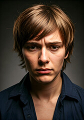 Fototapeta premium A young person with intense eyes and furrowed brow conveys deep concern. This powerful portrait captures a somber mood and could be used for themes of contemplation or emotional depth.