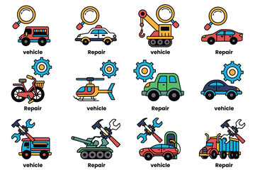 set of illustrations in the concept of vehicles and repairs in line art style