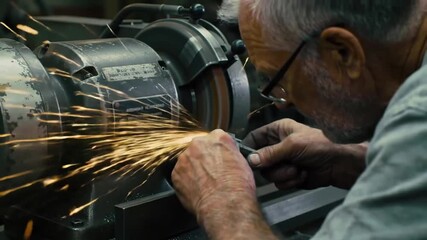 A skilled artisan carefully uses a grinding machine to shape and refine a metal component, focusing on precision and craftsmanship. - Powered by Adobe