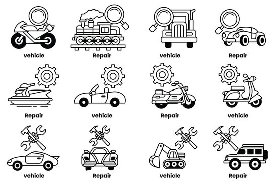 Fototapeta set of illustrations in the concept of vehicles and repairs in line art style