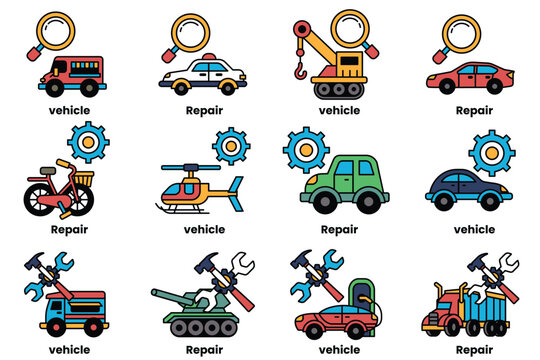 Fototapeta set of illustrations in the concept of vehicles and repairs in line art style