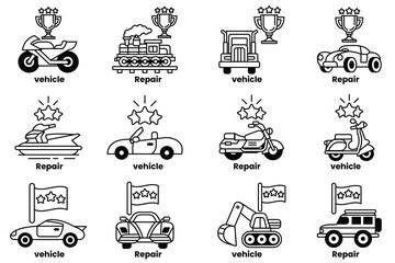 set of illustrations in the concept of vehicles and awards in a line style