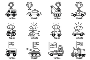 set of illustrations in the concept of vehicles and awards in a line style