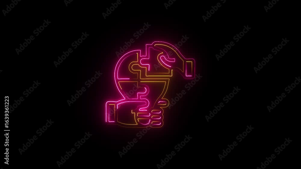 Poster neon puzzle globe in hand symbolizing global unity, collaboration, and problem-solving video on a bl