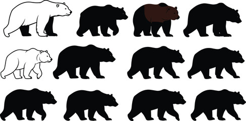 Set of walking bear vector silhouettes, diverse grizzly bear illustrations, wildlife animal, black and white icon, nature drawing, wild predator.