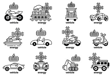 set of cartoon images of vehicles and energy sources
