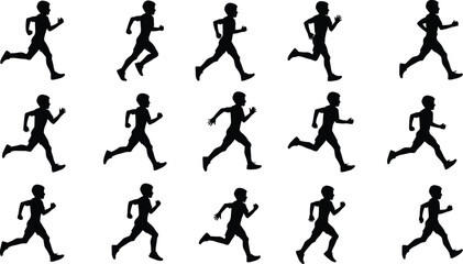 Seamless pattern with running man vector silhouettes, diverse joggers, running athlete, sprint, marathon, sports and fitness, repeating icon.