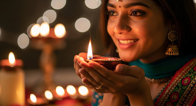 Diwali Celebration: Woman Holding Diya with Hope