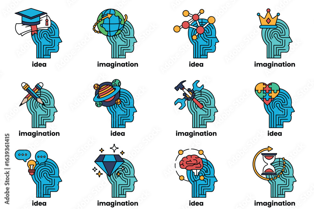 Aufkleber series of heads with various objects and words written on them