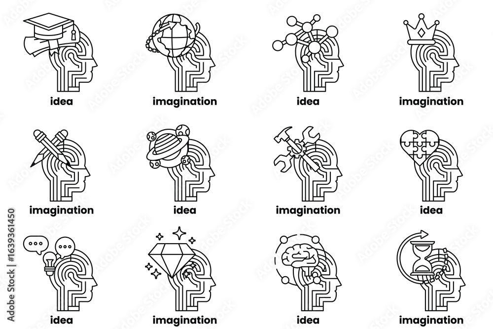 Aufkleber series of heads with various objects and words written on them